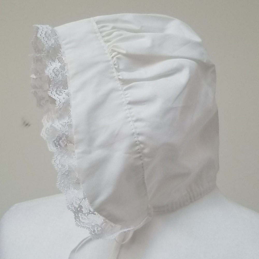 White Easter Bonnet with lace trim and ties Ages 4-6